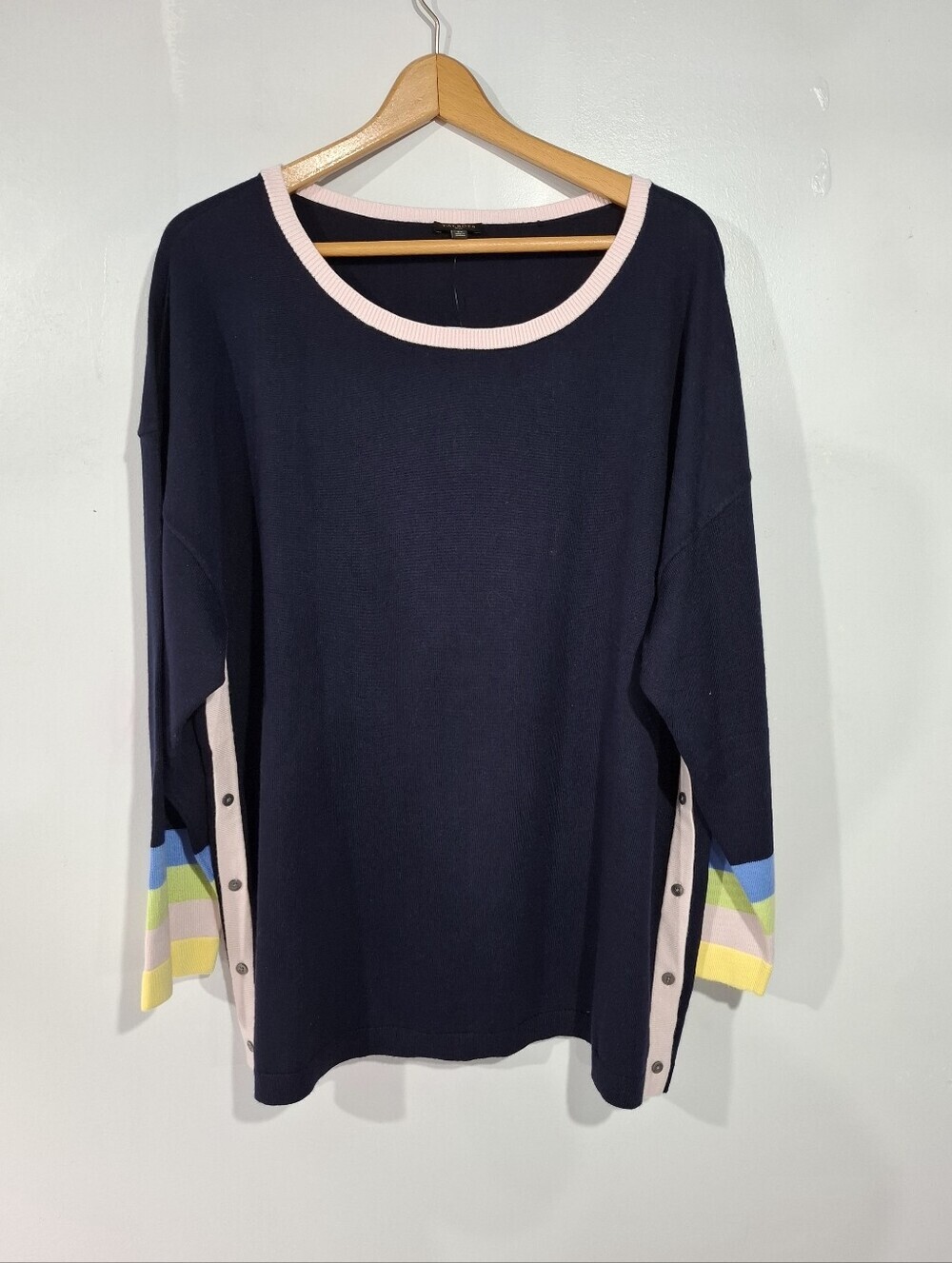 TALBOTS Womens Plus 3X Sweater Knit Navy Blue Striped Side Buttons Pink Trim - Picture 2 of 11